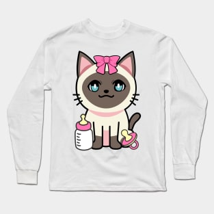 cute baby siamese cat wears a pink ribbon Long Sleeve T-Shirt